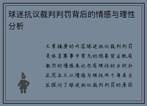 球迷抗议裁判判罚背后的情感与理性分析